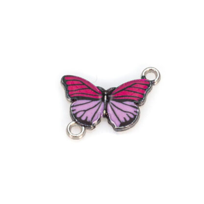 Element decorativ, charm, pandantiv din aliaj emailat in forma de fluture cu aripi magenta si mov